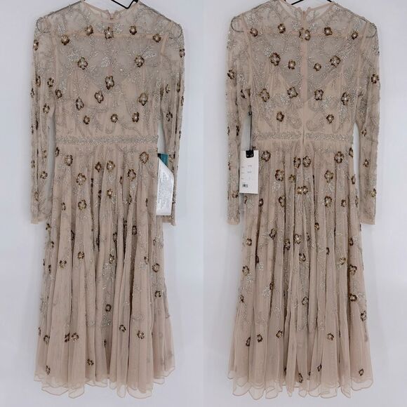 Mac Duggal Long Sleeves Embellished Beaded Midi Floral Nude Dress Size 2 - Picture 2 of 14